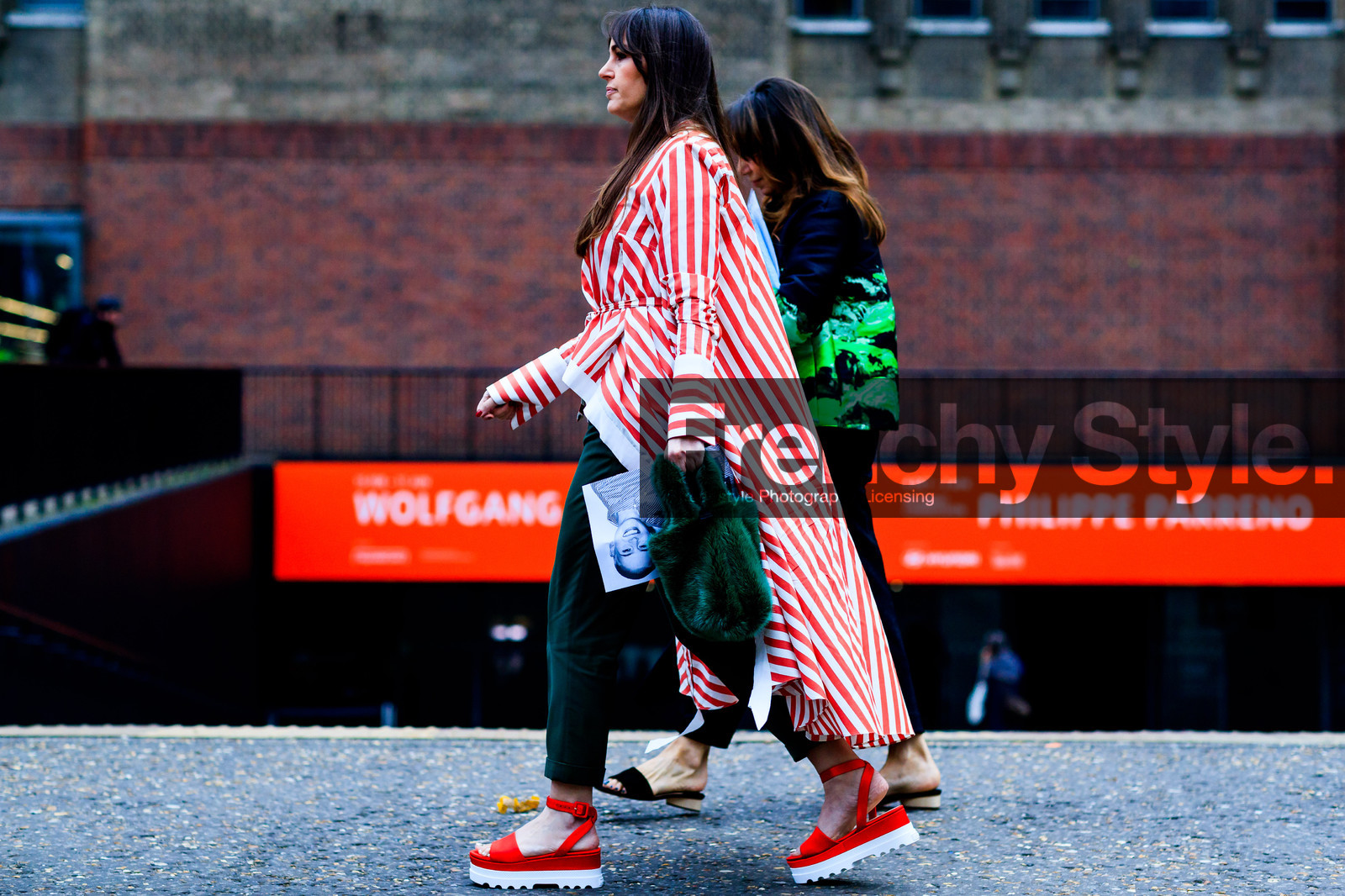 atmosphere details, AUTUMN WINTER 2017-2018, AW 17-18, black pants, FALL WINTER 2017-2018, fashion week, frenchystyle, full length, fur bag, FW, FW 17-18, graphic jacket, green bag, horizontal, jonathan paciullo, leather shoes, LFW, LONDON, miu miu, red jacket, red sandals, street style, striped jacket, trousers, wedges