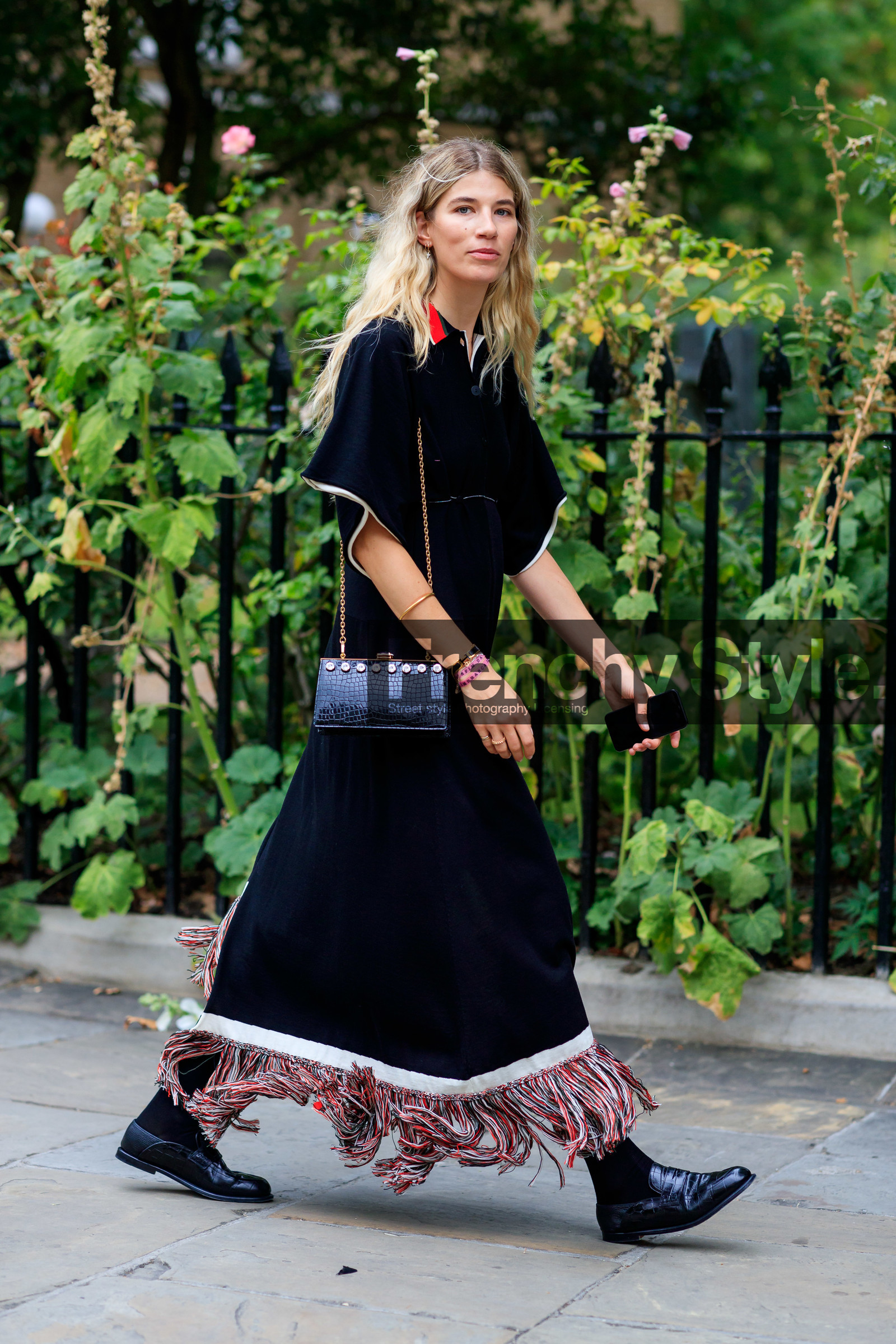 veronika heilbrunner, black dress, fringe dress, red dress, short sleeves dress, long dress, black socks, black loafers, animal skin shoes, animal skin bag, strassed bag, black leather bag, chain strap bag, hermes bracelet, fashion week, frenchystyle, FW, jonathan paciullo, street style, vertical, full length