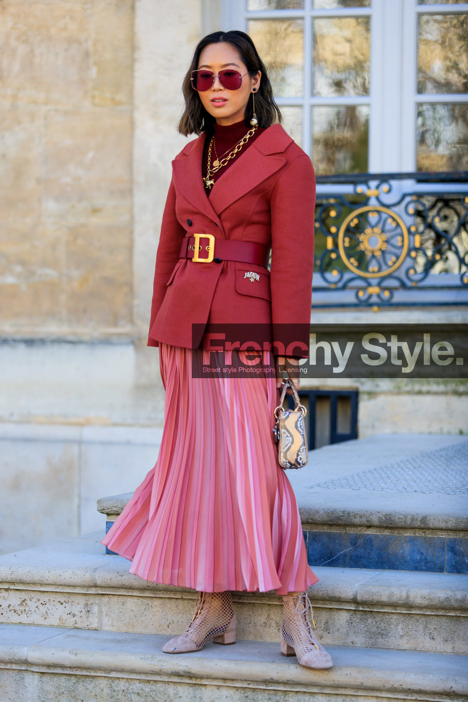 aimee song, animal print, blazer, brown bag, christian dior, graphic bag, leather bag, leather shoes, necklace, pink shoes, pink skirt, pleated skirt, printed bag, red belt, red jacket, snake print, sunglasses, fashion week, frenchystyle, FW, jonathan paciullo, street style, PFW, PARIS, AUTUMN WINTER 2019-2020, AW 19-20, FALL WINTER 2019-2020, FW 19-20, vertical, full length