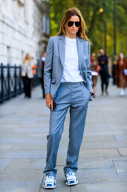 balenciaga, blazer, grey jacket, grey pants, grey suit, leather shoes, sunglasses, trousers, white sneakers, white top, fashion week, frenchystyle, FW, jonathan paciullo, street style, LFW, LONDON, SPRING SUMMER 2019, SS 19, vertical, full length