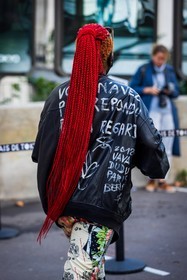 back, back detail, black jacket, braid, color, hairstyle, jacket, leather jacket, print, printed jacket, printed pants, quote, red haire, tail, fashion week, frenchystyle, FW, jonathan paciullo, street style, PFW, PARIS, SPRING SUMMER 2022, SS 22, vertical, atmosphere details