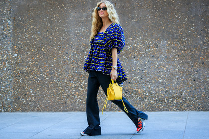 emili sindlev, gucci sunglasses, black sunglasses, knit top, multicolor top, loewe bag, mini bag, hand bag, yellow leather bag, black pants, rolex watch, silvered and golden watch, salomon sneakers, red sneakers, fashion week, frenchystyle, FW, jonathan paciullo, street style, atmosphere details, horizontal, full length