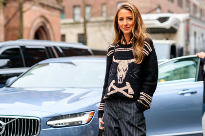 black sweater, graphic pants, graphic sweater, grey pants, printed pants, printed sweater, ralph lauren, stripes, trousers, frenchystyle, jonathan paciullo, street style, NYFW, NEW YORK, AUTUMN WINTER 2019-2020, AW 19-20, FALL WINTER 2019-2020, FW 19-20, fashion week, FW, atmosphere details, horizontal, detail