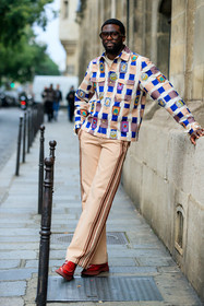 red leather loafers, beige pants, flare pants, striped pants, vintage pants, vintage look, aviator sunglasses, tom ford sunglasses, checked shirt, white shirt, blue shirt, patchwork shirt, embroidered shirt, jean phillipe phiné n'djoli, fashion week, frenchystyle, FW, jonathan paciullo, street style, PFW, PARIS, SPRING SUMMER 2022, SS 22, vertical, full length