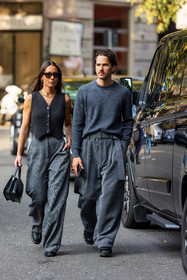 Alice Barbier, belted pants, black bag, black shoes, cardigan, couple, duo, gold chain, grey knit, grey monochrome, Jean-Sebastien Roques, knit, large pant, leather bag, leather shoes, menswear, monochrome, oversize pants, ribbed cardigan, sleveless cardigan, wool pants, sunglasses, black sunglasses, necklace, gold earrings, fashion week, frenchystyle, FW, jonathan paciullo, street style, MFW, MILAN, SPRING SUMMER 2022, SS 22, vertical, full length