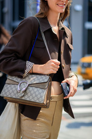 atmosphere details, beige pants, black top, brown jacket, cropped top, detail, Estella Brons, fashion week, frenchystyle, FW, gucci, jonathan paciullo, leather bag, model, monogram, NEW YORK, NYFW, printed bag, SPRING SUMMER 2018, SS 18, street style, trousers, vertical