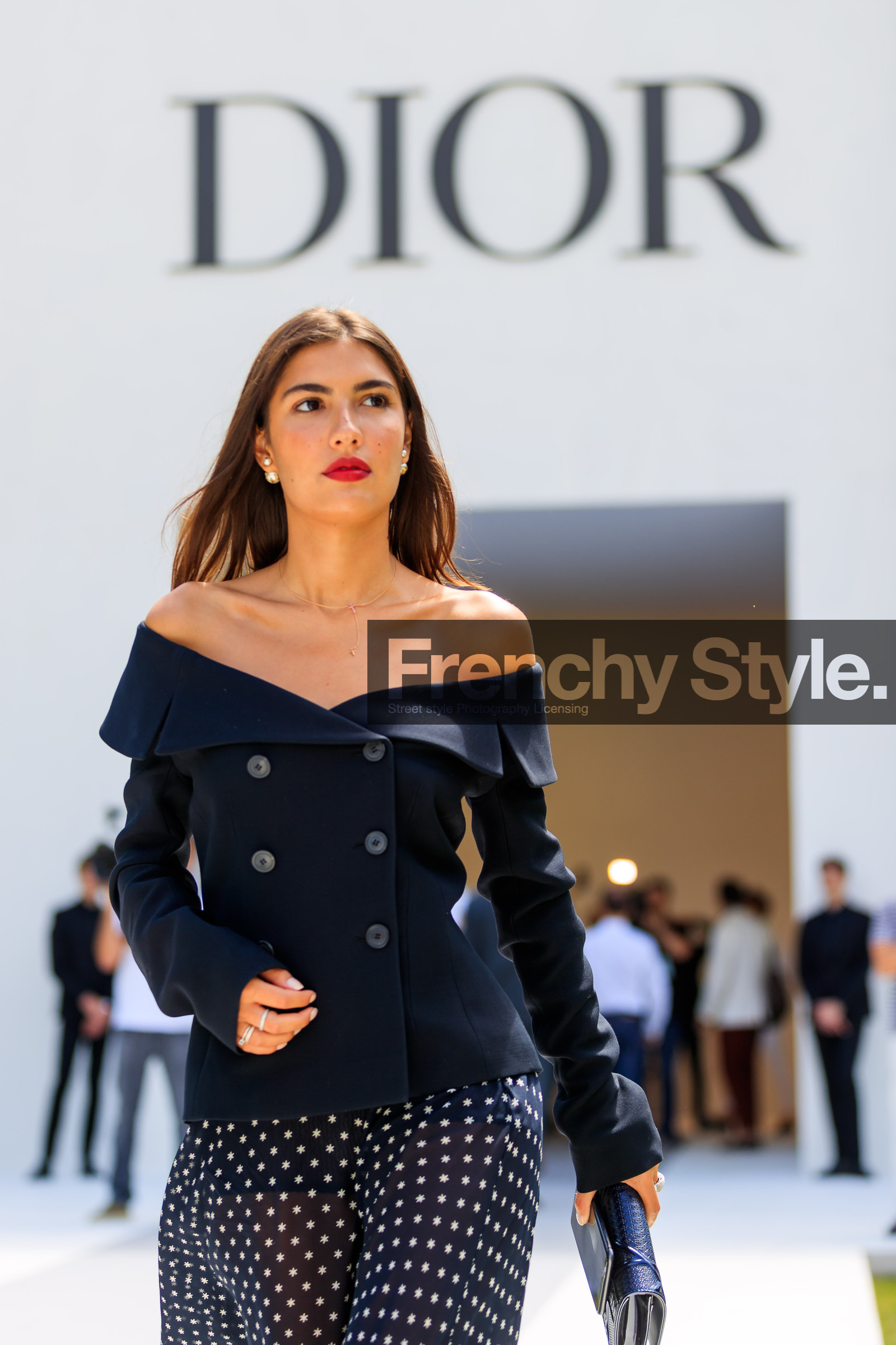 black bag, black jacket, black skirt, blazer, christian dior, earrings, graphic skirt, leather bag, off the shoulder, polka dot, printed skirt, red lips, fashion week, frenchystyle, FW, jonathan paciullo, street style, PFW, PARIS, vertical, detail, atmosphere details, AUTUMN WINTER 2018-2019, FALL WINTER 2018-2019, FW 18-19, patricia manfield