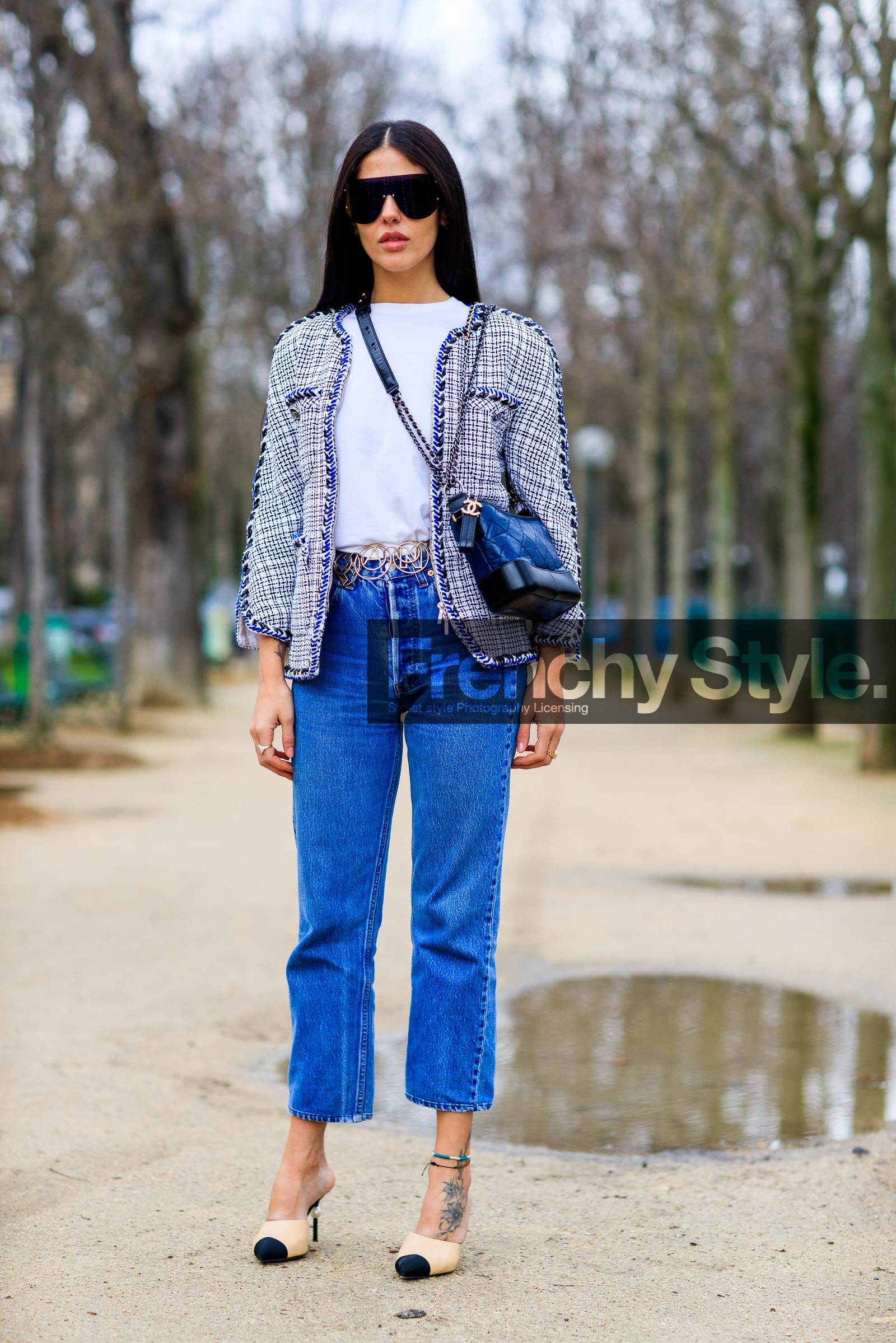 AUTUMN WINTER 2017-2018, AW 17-18, beige shoes, black bag, blazer, blue denim, chanel, checked jacket, denim pants, FALL WINTER 2017-2018, fashion week, frenchystyle, full length, FW, FW 17-18, gilda ambrosio, graphic jacket, high heels, jeans, jonathan paciullo, leather bag, leather shoes, PARIS, PFW, plaid, printed jacket, purple jacket, street style, sunglasses, tartan, trousers, tweed jacket, vertical, white t shirt