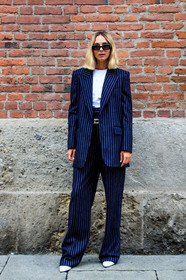navy blue jacket, navy blue pants, navy blue suits, striped jacket, striped pants, striped suits, white t-shirt, strassed belt, square shape glasses, black sunglasses, candela novembre, street style, jonathan paciullo, FW, frenchystyle, fashion week, MFW, MILAN, SPRING SUMMER 2021, SS 21, vertical, full length