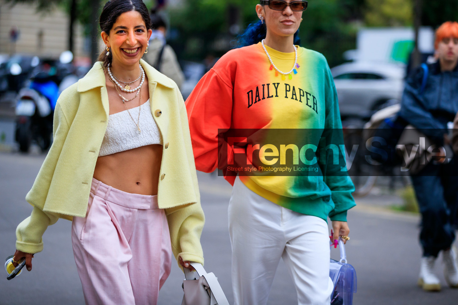 light yellow jacket, white top, asymmetrical top, cropped top, light pink pants, oversize pants, multi necklace, multicolor sweatshirt, tie and dye sweatshirt, red sweatshirt, yellow sweatshirt, green sweatshirt, letter printed sweatshirt, golden necklace, golden earrings, pearl earrings, pearl necklace, dangling earrings, medal necklace, selma kaci, hera pradel, fashion week, frenchystyle, FW, jonathan paciullo, street style, PFW, PARIS, SPRING SUMMER 2022, SS 22, horizontal, atmosphere details, detail