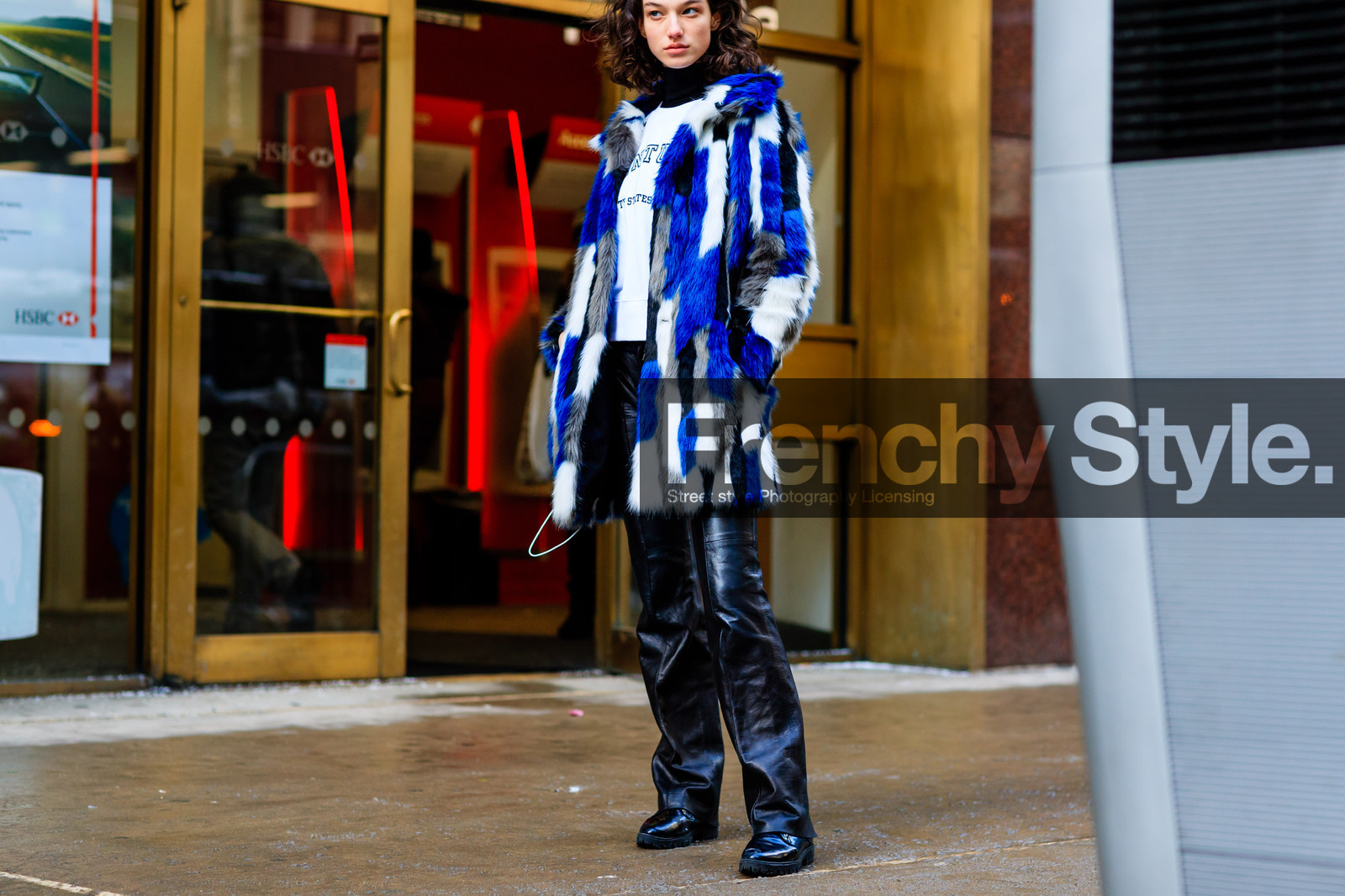 atmosphere details, AUTUMN WINTER 2017-2018, AW 17-18, black boots, black pants, black turtleneck, blue fur coat, detail, FALL WINTER 2017-2018, fashion week, frenchystyle, FW, FW 17-18, horizontal, jonathan paciullo, leather boots, leather pants, mckenna hellam, model, NEW YORK, NYFW, patchwork, street style, trousers, white t shirt
