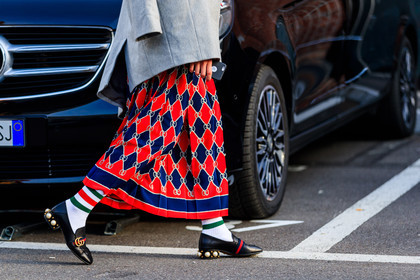 black shoes, checked, graphic skirt, grey jacket, gucci, leather shoes, pearls, plaid, printed skirt, red skirt, white socks, fashion week, frenchystyle, FW, jonathan paciullo, street style, MFW, MILAN, AUTUMN WINTER 2018-2019, FALL WINTER 2018-2019, FW 18-19, horizontal, atmosphere details
