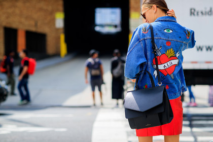 atmosphere details, back detail, black bag, blue denim, denim jacket, detail, embroidered jacket, embroideries, fashion week, frenchystyle, FW, horizontal, jonathan paciullo, leather bag, NEW YORK, NYFW, red skirt, SPRING SUMMER 2018, SS 18, street style, sunglasses
