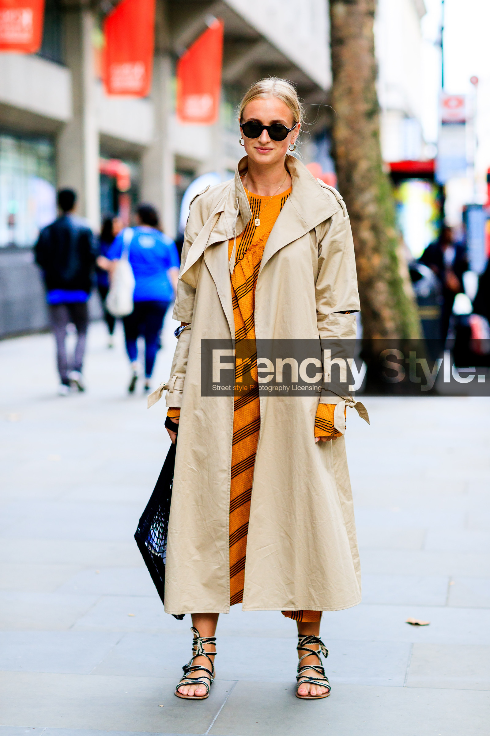 beige coat, black bag, black sandals, graphic dress, leather bag, leather shoes, orange dress, printed dress, striped dress, sunglasses, fashion week, frenchystyle, FW, jonathan paciullo, street style, LFW, LONDON, SPRING SUMMER 2019, SS 19, vertical, full length