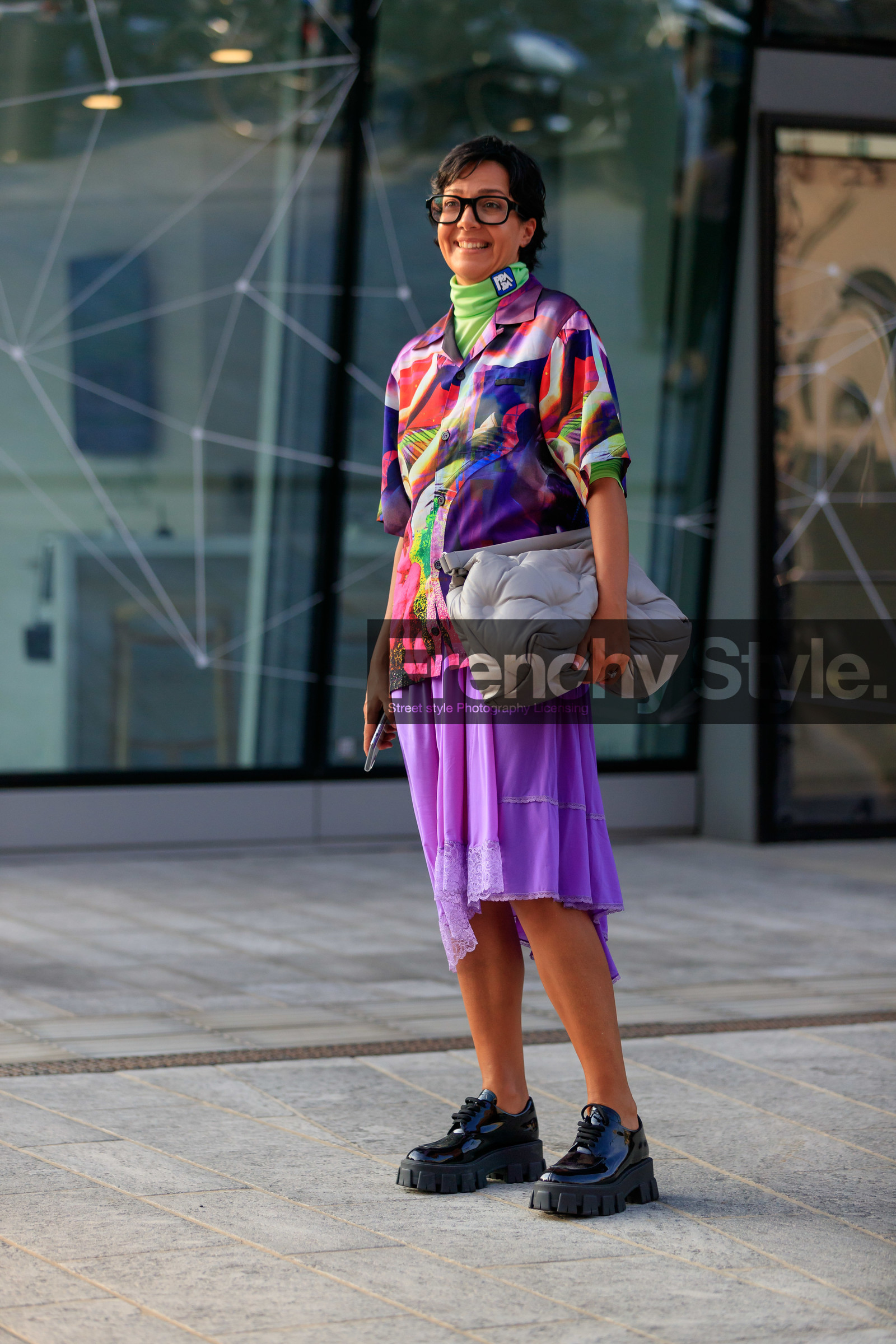 purple skirt, purple shirt, lilac skirt, lace shirt, short sleeves shirt, multicolor shirt, prada shoes, prada shirt, prada top, turtleneck top, neon green top, mid long skirt, margiela bag, quilted bag, light grey leather bag, black shoes, polish shoes, laced shoes, big sole shoes, fashion week, frenchystyle, FW, jonathan paciullo, street style, MFW, MILAN, SPRING SUMMER 2020, SS 20