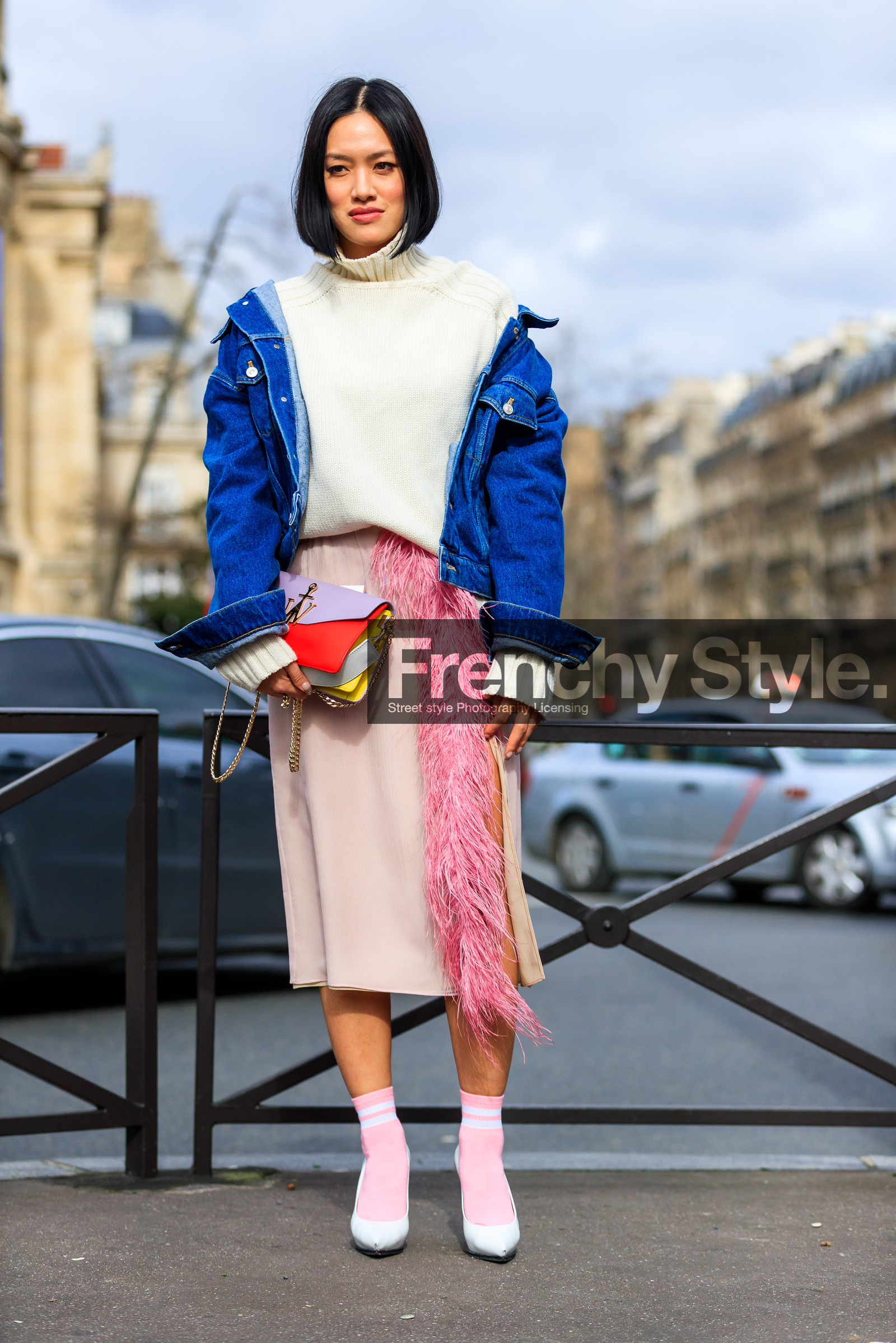 AUTUMN WINTER 2017-2018, AW 17-18, balenciaga, blue denim, denim jacket, FALL WINTER 2017-2018, fashion week, feathers, frenchystyle, full length, FW, FW 17-18, graphic bag, high heels, jonathan paciullo, jw anderson, leather bag, leather shoes, multicolor bag, PARIS, PFW, pink skirt, pink socks, printed bag, street style, Tiffany Hsu, vertical, white shoes, white sweater