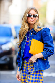 balenciaga, blue denim, blue t shirt, checked, denim jacket, emili sindlev, graphic pants, leather bag, plaid, printed pants, sunglasses, trousers, wide pant, yellow bag, yellow pants, fashion week, frenchystyle, FW, jonathan paciullo, street style, LFW, LONDON, SPRING SUMMER 2019, SS 19, vertical, detail, atmosphere details