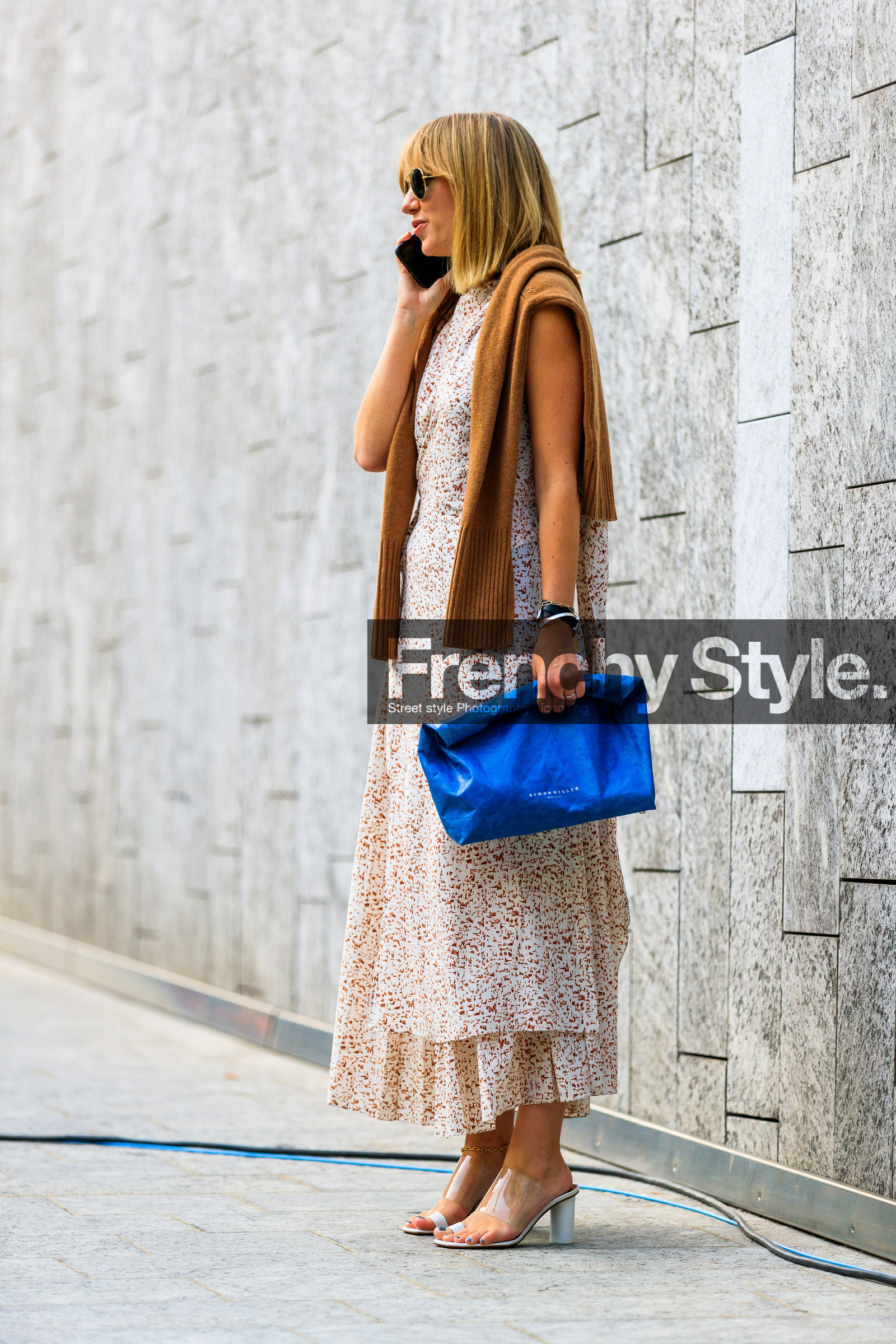 blue bag, brown sweater, graphic dress, high heels, leather bag, leather shoes, lisa aiken, printed dress, simon miller, sunglasses, transparent shoes, white dress, fashion week, frenchystyle, FW, jonathan paciullo, street style, MFW, MILAN, SPRING SUMMER 2019, SS 19, vertical, full length