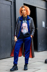 black coat, black shoes, black sneakers, black t shirt, blue jacket, blue pants, dyed hair, earrings, fishnet, leather coat, leather shoes, necklace, printed t shirt, sweatpants, trousers, fashion week, frenchystyle, FW, jonathan paciullo, street style, LFW, LONDON, AUTUMN WINTER 2018-2019, AW 18-19, FALL WINTER 2018-2019, FW 18-19, vertical, full length