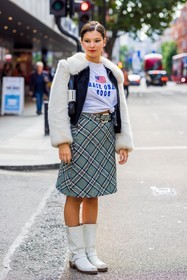 tshirt, white, boots, leather, plaid, midi skirt, skirt, furry, coat, cowboy boots, fashion week, frenchystyle, FW, jonathan paciullo, street style, SS 22, SPRING SUMMER 2022, LFW, LONDON, vertical, full length