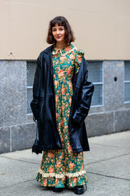 alyssa coscarelli, black bag, black coat, floral, flower, graphic dress, green dress, leather bag, leather coat, loewe, off the shoulder, printed dress, frenchystyle, jonathan paciullo, street style, NYFW, NEW YORK, AUTUMN WINTER 2019-2020, AW 19-20, FALL WINTER 2019-2020, FW 19-20, fashion week, FW, vertical, full length