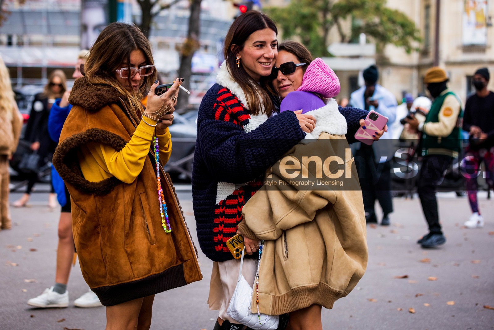 bag, beige coat, brown jacket, camel coat, camel jacket, coat, color, dress, jacket, knitted jacket, miu miu look, nude nude, oversize coat, pink sunglasses, sherling, smartphone, stripes, suedine jacket, sunglasses, wool, fashion week, frenchystyle, FW, jonathan paciullo, street style, PFW, PARIS, SPRING SUMMER 2022, SS 22, horizontal, atmosphere details