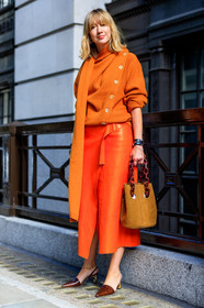brown bag, brown shoes, high heels, leather bag, leather shoes, leather skirt, lisa aiken, orange skirt, orange sweater, fashion week, frenchystyle, FW, jonathan paciullo, street style, LFW, LONDON, SPRING SUMMER 2019, SS 19, vertical, full length