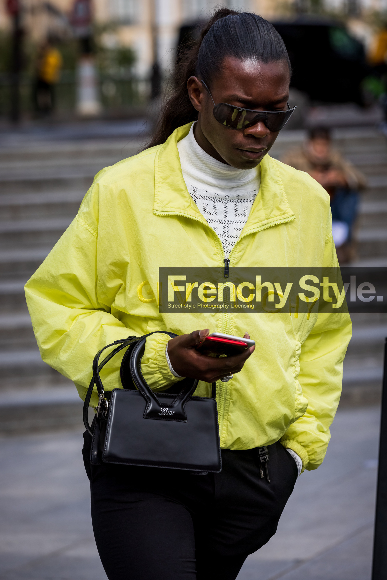 bag, black bag, black pants, black sunglasses, givenchy, jacket, leather bag, nylon jacket, pants, sunglasses, yellow jacket, fashion week, frenchystyle, FW, jonathan paciullo, street style, PFW, PARIS, SPRING SUMMER 2022, SS 22, vertical, atmosphere details
