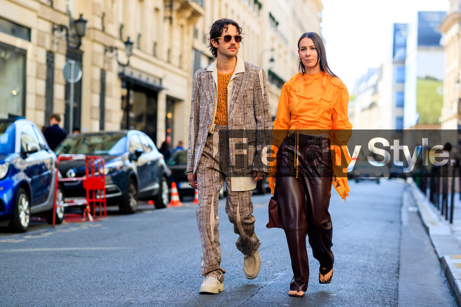 orange blouse, drape blouse, cropped blouse, silk blouse, burgundy leather pants, burgundy leather bag, flare pants, acne studios bag, acne studios look, acne studios pants, acne studios blouse, hand bag, alice barbier, acne studios jacket, acne studios look, orange top, fishnet top, monogrammed jacket, monogrammed pants, monogrammed look, beige jacket, beige pants, beige suits, printed jacket, printed pants, logo all over, logo printed jacket, logo printed pants, aviator sunglasses, sheer sunglasses, beige shoes, beige suede shoes, big sole derbies, big sole shoes, beige derbies, beige suede derbies, JS roques, fashion week, frenchystyle, FW, jonathan paciullo, street style, PFW, PARIS, SPRING SUMMER 2022, SS 22, horizontal, atmosphere details, full length