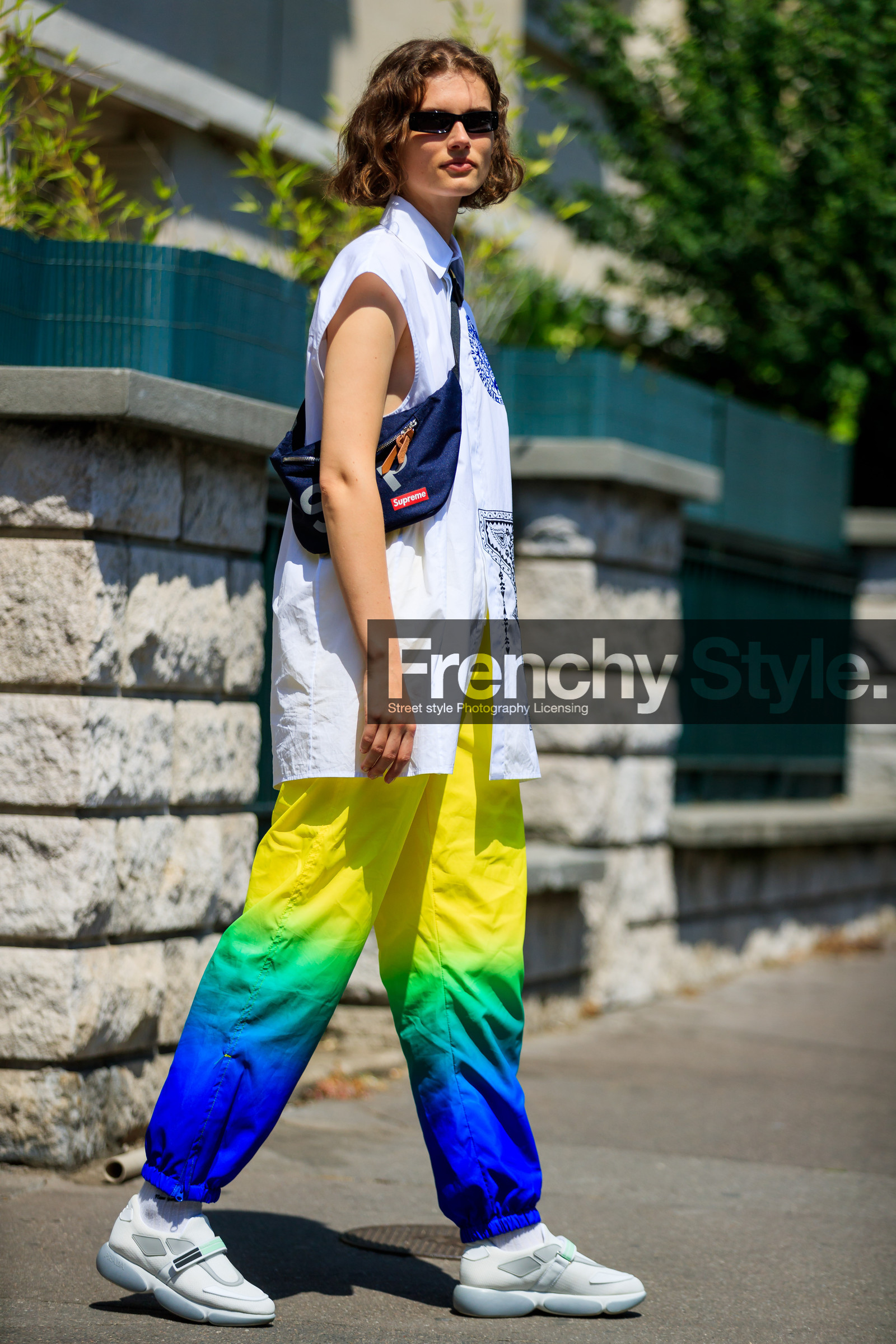 black bag, blue bag, denim bag, fanny pack, graphic bag, graphic pants, leather bag, leather shoes, multicolor pants, printed bag, printed pants, rainbow, sleeveless, sunglasses, supreme, sweatpants, tie & die, trousers, white shirt, white sneakers, yellow pants, fashion week, frenchystyle, FW, jonathan paciullo, street style, PFW, PARIS, vertical, full length, model, AUTUMN WINTER 2018-2019, FALL WINTER 2018-2019, FW 18-19, Giedrė Dukauskaitė