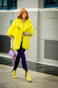 yellow furry jacket, yellow coat, furr jacket, yellow heeled boots, purple leggings, purple balenciaga bag, balenciaga hourglass bag, balenciaga handbag, beige turtle neck, fashion week, frenchystyle, FW, jonathan paciullo, street style, NYFW, NEW YORK, AUTUMN WINTER 2022-2023, FALL WINTER 2022_2023, FW 22-23, vertical, full length