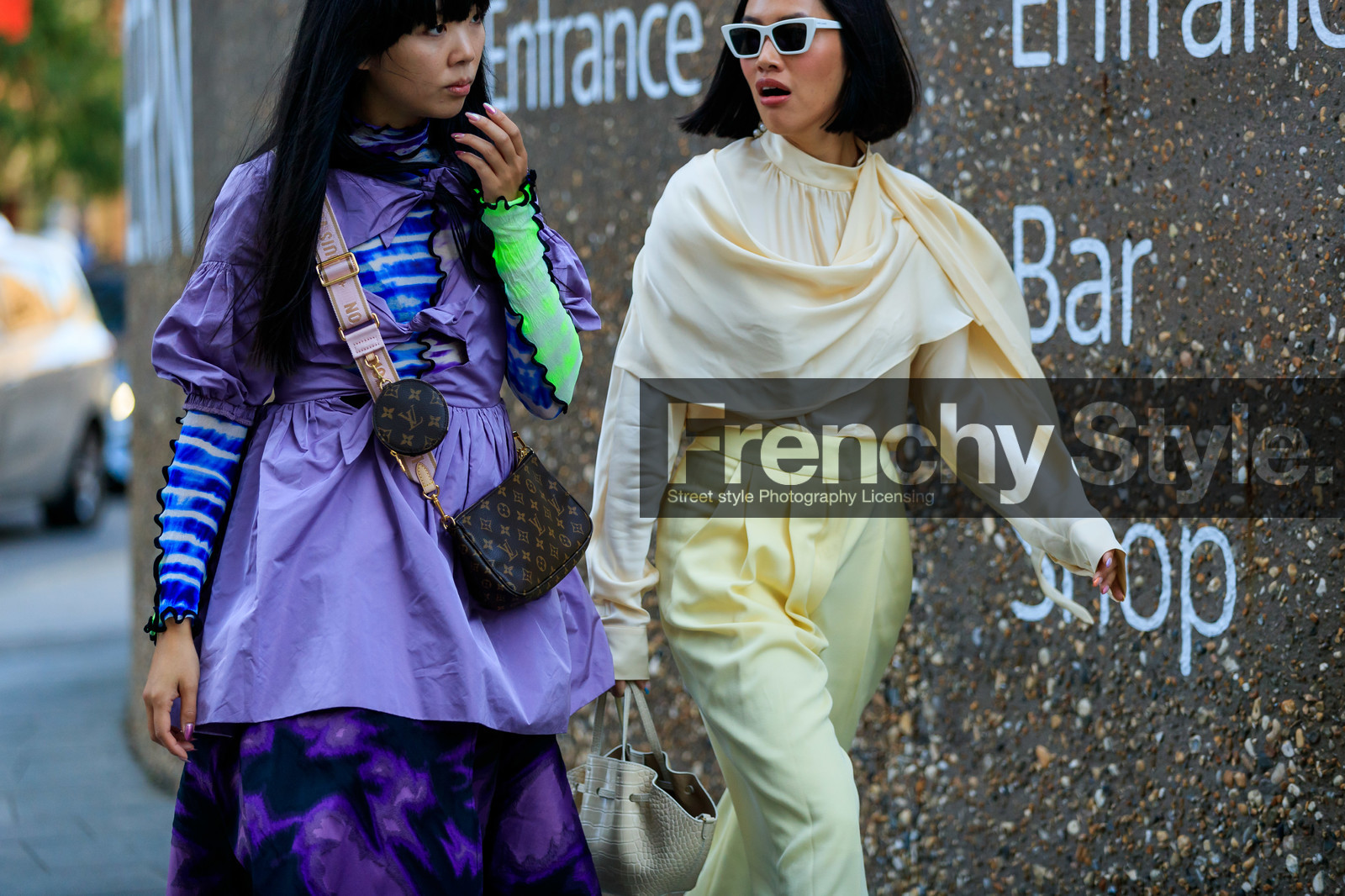 Tiffany Hsu, susie lau, yellow total look, white sunglasses, silk blouse, light yellow pants, animal skin bag, white leather bag, purple dress, louis vuitton bag, tie and dye dress, turtleneck top, tie and dye top, long sleeve blouse, long sleeves top, neon top, saint laurent sunglasses, fashion week, frenchystyle, FW, jonathan paciullo, street style, atmosphere details, horizontal, detail