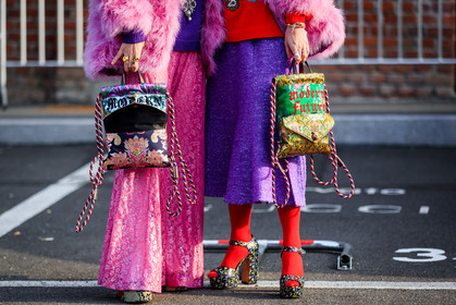 chinese print, floral, flowers, fur jacket, glitter, graphic bag, gucci, high heels, japanese print, leather bag, leather shoes, multicolor bag, pink fur, pink jacket, pink pants, printed bag, printed shoes, purple skirt, red sweater, rings, sequined pants, sequined skirt, shiny pants, shiny skirt, tights, fashion week, frenchystyle, FW, jonathan paciullo, street style, MFW, MILAN, AUTUMN WINTER 2018-2019, FALL WINTER 2018-2019, FW 18-19, horizontal, atmosphere details