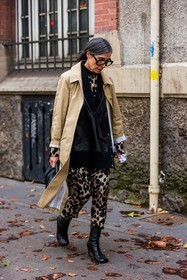 animal print, beige pants, beige trenchcoat, black boots, black top, boots, glasses, leather top, leopard pants, pants, printed pants, trenchcoat, fashion week, frenchystyle, FW, jonathan paciullo, street style, PFW, PARIS, SPRING SUMMER 2022, SS 22, vertical, full length