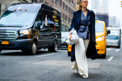 blue coat, choker, earrings, headband, leather bag, leather jacket, leather shoes, leonie hanne, maison martin margiela, navy jacket, necklace, sunglasses, trousers, white bag, white pants, frenchystyle, jonathan paciullo, street style, NYFW, NEW YORK, AUTUMN WINTER 2019-2020, AW 19-20, FALL WINTER 2019-2020, FW 19-20, fashion week, FW, atmosphere details, horizontal, detail