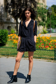 black jumpsuit, black shoes, high heels, leather shoes, fashion week, frenchystyle, FW, jonathan paciullo, street style, PFW, PARIS, vertical, full length, AUTUMN WINTER 2018-2019, FALL WINTER 2018-2019, FW 18-19