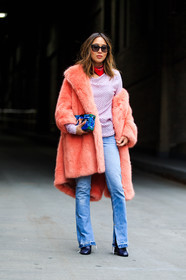 aimee song, AUTUMN WINTER 2016-2017, AW 16-17, black boots, blue denim, denim pants, fashion week, fishnet, frenchystyle, full length, fur coat, FW, FW 16-17, jeans, jonathan paciullo, leather boots, leather shoes, NEW YORK, NYFW, pink coat, red bandana, red scarf, street style, sunglasses, trousers, vertical, white sweater, woman