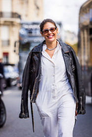 bag, black and white, black and white bag, black perfecto, jacket, jumpsuit, leather bag, leather jacket, overalls, perfecto, strass, sunglasses, white overalls, fashion week, frenchystyle, FW, jonathan paciullo, street style, PFW, PARIS, SPRING SUMMER 2022, SS 22, vertical, atmosphere details