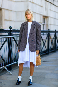 black and white shoes, black shoes, blazer, checked, graphic jacket, grey jacket, leather bag, leather shoes, linda tol, plaid, printed jacket, white dress, yellow bag, fashion week, frenchystyle, FW, jonathan paciullo, street style, LFW, LONDON, SPRING SUMMER 2019, SS 19, vertical, full length