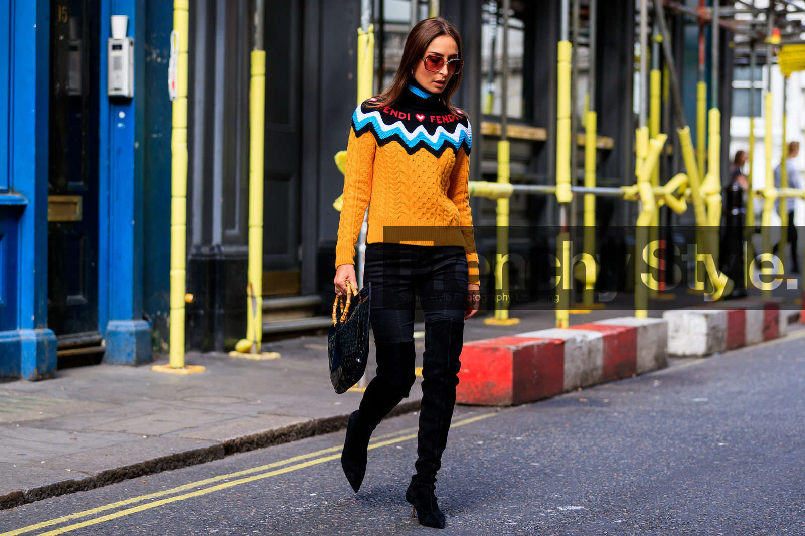 black bag, black denim, black shoes, denim pants, fendi, geraldine boublil, high boots, high heels, jeans, leather bag, leather shoes, orange sweater, sunglasses, trousers, fashion week, frenchystyle, FW, jonathan paciullo, street style, LFW, LONDON, SPRING SUMMER 2019, SS 19, atmosphere details, horizontal, full length