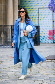 blue trench coat, light blue jacket, light blue pants, light blue suits, celine sunglasses, futurist shape sunglasses, black sunglasses, white leather clutch, white leather boots, white t-shirt, bottega veneta bag, fashion week, frenchystyle, FW, jonathan paciullo, street style, PFW, PARIS, SPRING SUMMER 2020, SS 20, horizontal, full length