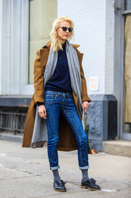 AUTUMN WINTER 2016-2017, AW 16-17, aymeline valade, black shoes, blue denim, blue sweater, brogues, brown coat, camel jacket, denim pants, fashion week, frenchystyle, full length, FW, FW 16-17, grey scarf, jeans, jonathan paciullo, leather shoes, model, navy sweater, NEW YORK, NYFW, street style, sunglasses, trousers, vertical, woman