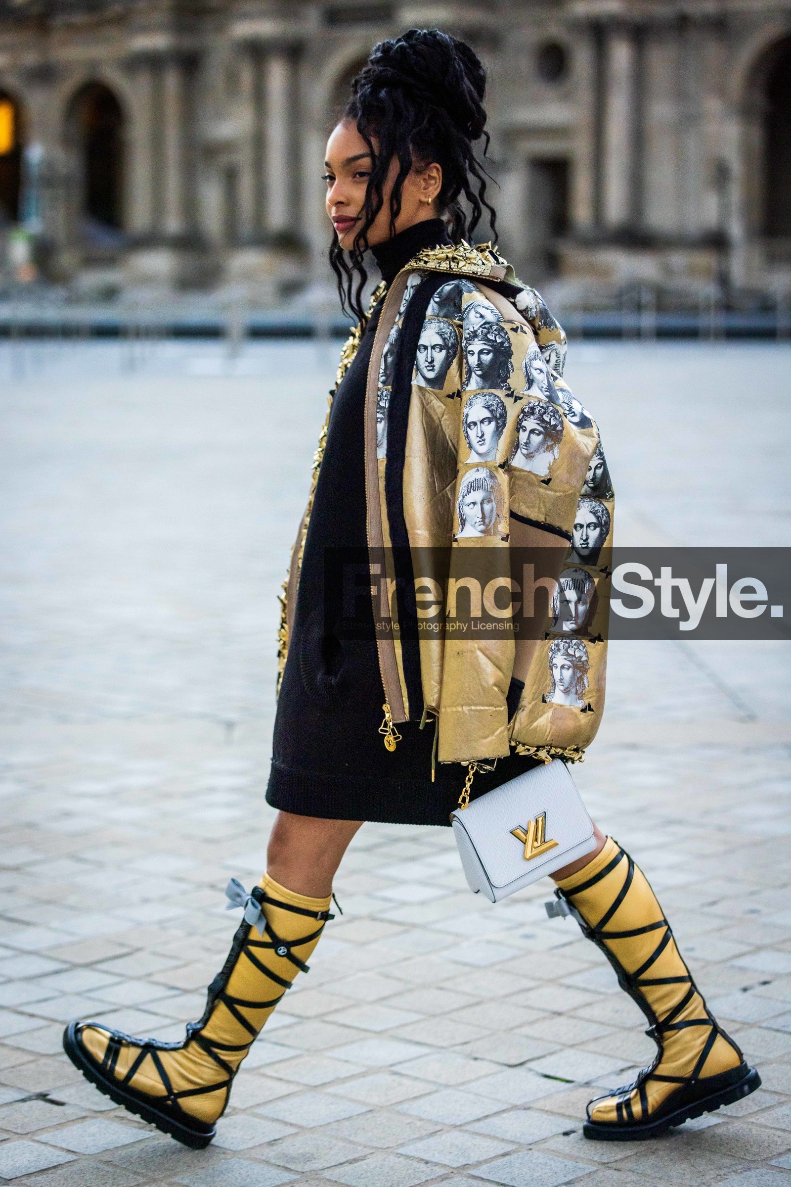 bag, black dress, boots, coat, dress, gold boots, gold coat, high boots, louis vuitton bag, louis vuitton look, print, printed coat, Sharon Alexie, white bag, fashion week, frenchystyle, FW, jonathan paciullo, street style, PFW, PARIS, SPRING SUMMER 2022, SS 22, vertical, full length