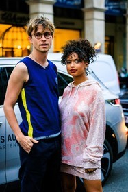 glasses, 90s look, silver necklace, afro hair, blue tanktop, pink hoodie, shiny hoodie, pastel pink hoodies, mini skirt, pastel pink skirt, paola locatelli, fashion week, frenchystyle, FW, jonathan paciullo, street style, AUTUMN WINTER 2022-2023, FALL WINTER 2022_2023, FW 22-23, PFW, PARIS, vertical, detail