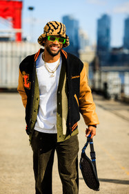 bucket hat, baseball jacket, black jacket, corduroy pants, kaki pants, banana bag, black fanny pack, orange font printed white tshirt, green sunglasses, overlayed necklaces, animal print hat, groovy sunglasses, fashion week, frenchystyle, FW, jonathan paciullo, street style, NYFW, NEW YORK, AUTUMN WINTER 2022-2023, FALL WINTER 2022_2023, FW 22-23, vertical, atmosphere details