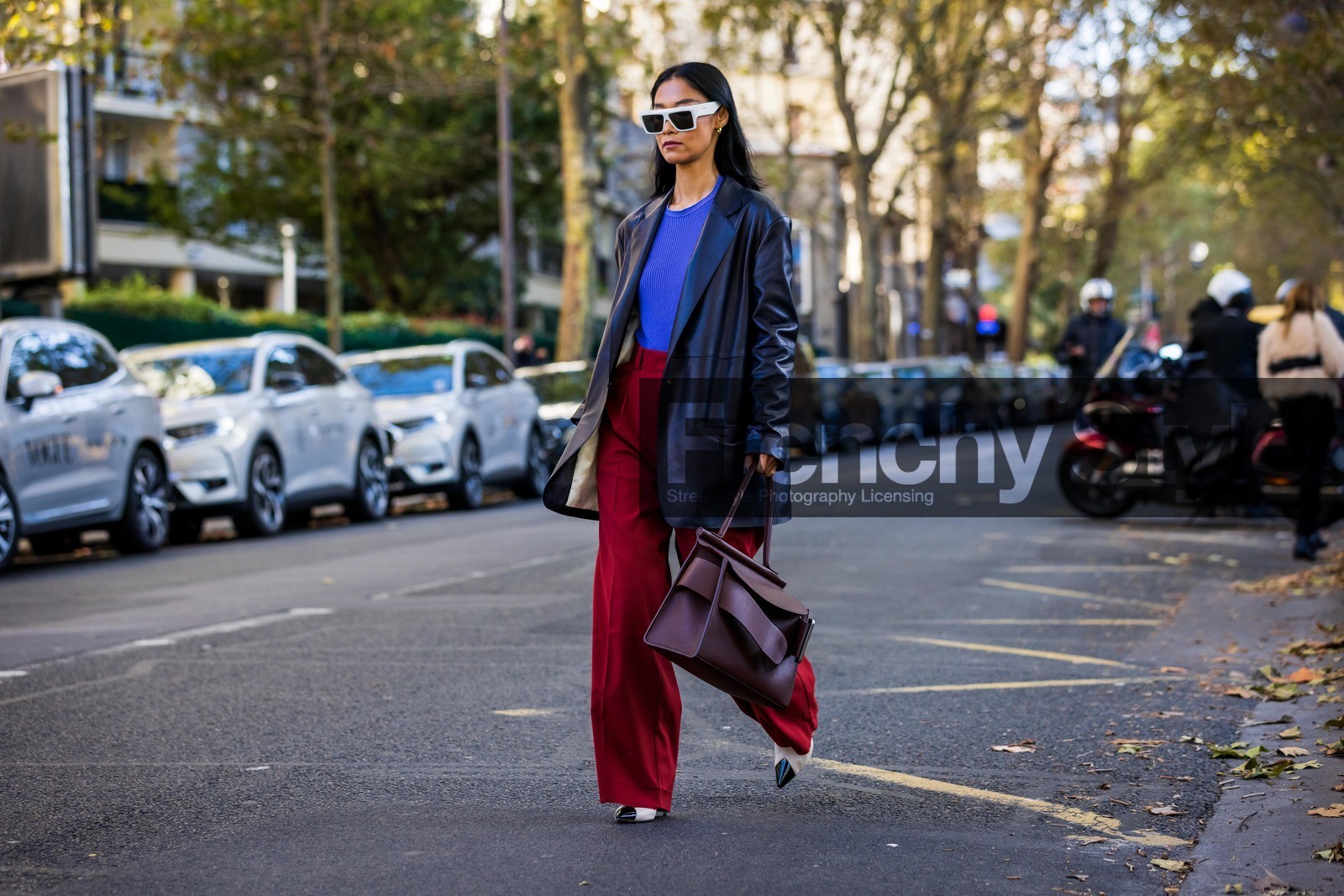 bag, bicolor shoes, black blazer, blazer, blue tank top, blue top, burgundy bag, heels, leather bag, leather blazer, pants, pleated pants, Pornwika Spiecker, red pants, ribbed top, sunglasses, tank top, white heels, white sunglasses, fashion week, frenchystyle, FW, jonathan paciullo, street style, PFW, PARIS, SPRING SUMMER 2022, SS 22, atmosphere details, full length, horizontal