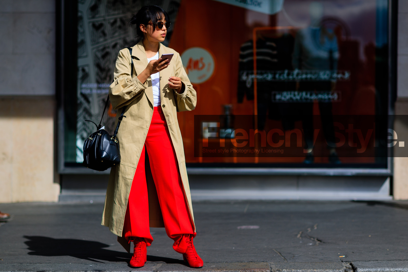atmosphere details, beige coat, black bag, fashion week, frenchystyle, full length, FW, givenchy, horizontal, jonathan paciullo, leather bag, leather shoes, margaret zhang, overcoat, PARIS, PFW, red boots, red pants, SPRING SUMMER 2017, SS 17, street style, sunglasses, trousers