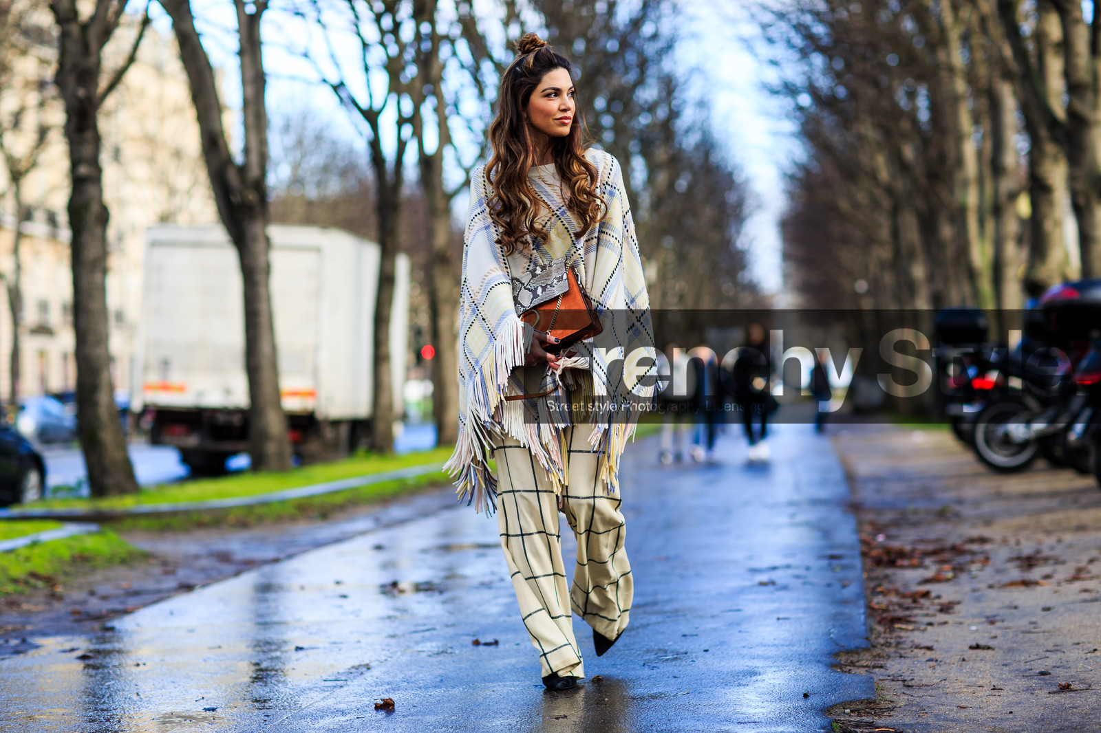 animal print, atmosphere details, AUTUMN WINTER 2016-2017, AW 16-17, beige knit, beige pants, beige poncho, brown bag, checked cardigan, checked pants, checked poncho, checked sweater, chloe, FALL WINTER 2016-2017, fashion week, frenchystyle, full length, FW, FW 16-17, graphic pants, graphic poncho, horizontal, jonathan paciullo, leather bag, negin mirsalehi, PARIS, PFW, plaid, poncho, printed pants, printed poncho, snake print, street style, tartan, trousers, wide pants, wool pants