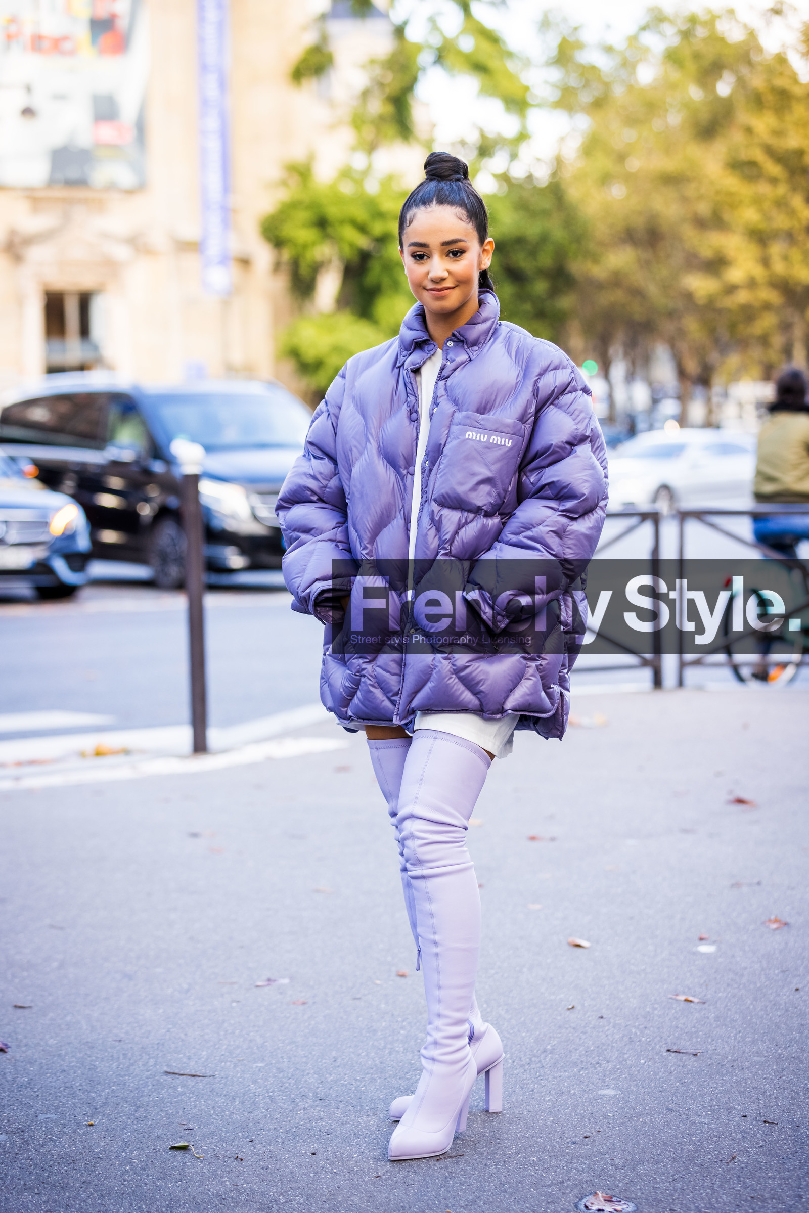 boots, coat, color, high boots, Lena Mahfouf, lila, lila boots, miu miu puffer, puffer, purple puffer, quilted coat, fashion week, frenchystyle, FW, jonathan paciullo, street style, PFW, PARIS, SPRING SUMMER 2022, SS 22, vertical, full length