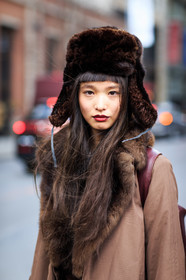atmosphere details, AUTUMN WINTER 2016-2017, AW 16-17, brown coat, brown hat, chapka, detail, FALL WINTER 2016-2017, fashion week, frenchystyle, fur collar, fur hat, FW, FW 16-17, jonathan paciullo, long hair, model, NEW YORK, NYFW, red lips, skincare, street style, tone on tone, total look brown, vertical, woman, yuka mannami